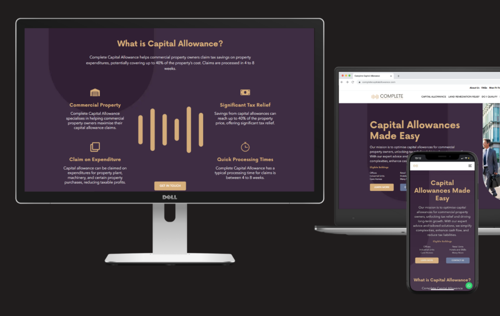 Three screens all showing Complete Capital Allowance's website that was built by DAK Digital. There is a Dell computer, laptop and an iPhone.