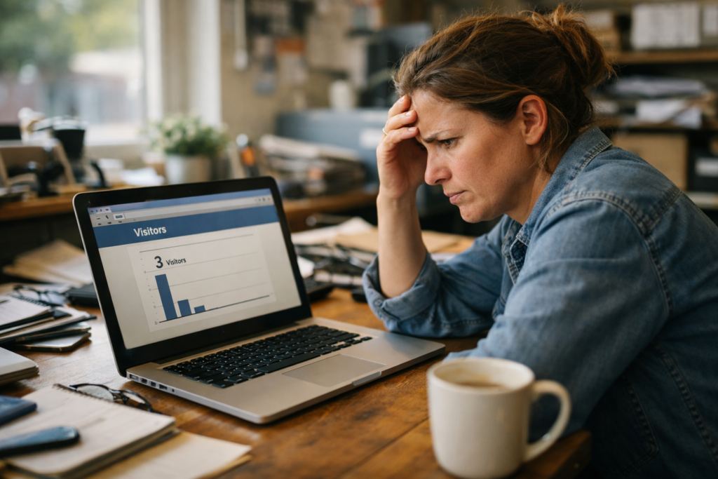 Frustrated small business owner sitting at a cluttered desk, looking at a laptop displaying an outdated website with low visitor numbers in a softly lit office