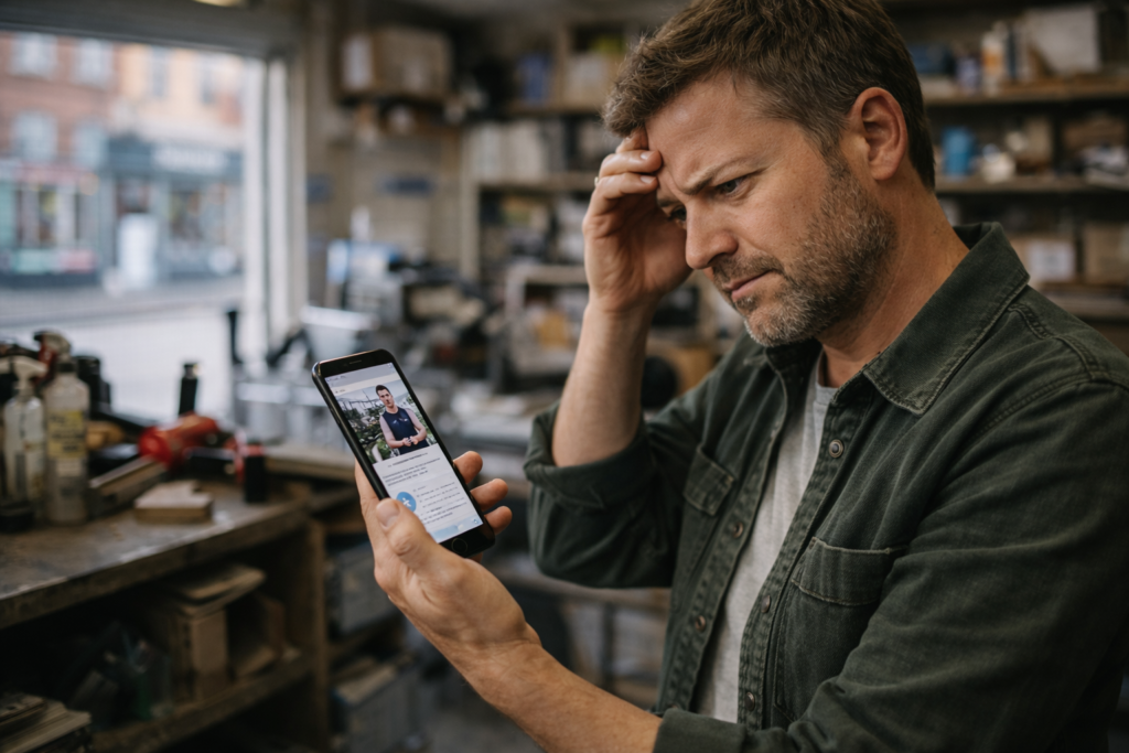 Frustrated male small business owner in a cluttered UK workshop looking at his phone, viewing a competitor’s website on screen